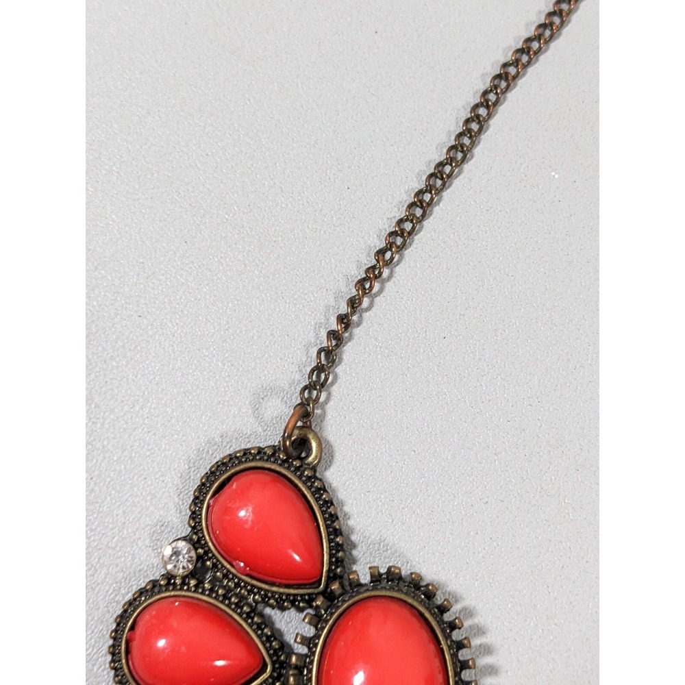 Red Orange Cabochon Statement Necklace Bronze Tone Boho Western Bib 21" - Picture 6 of 9